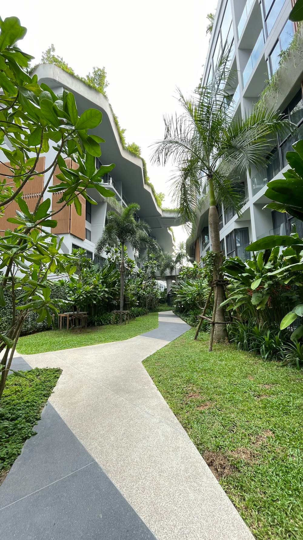 a walkway in front of a building surrounded by trees