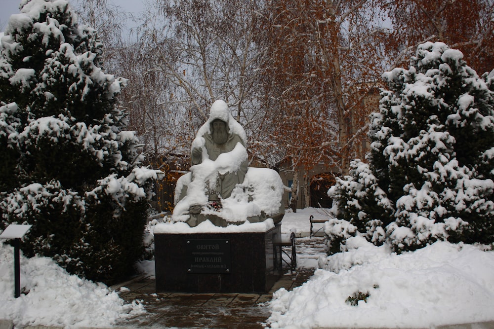 a statue of a man is covered in snow