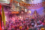 A traditional Indian festival with people celebrating and colorful decorations.