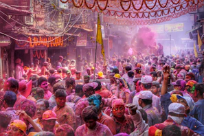 A vibrant street scene during a local festival, full of colorful decorations and joyful people.