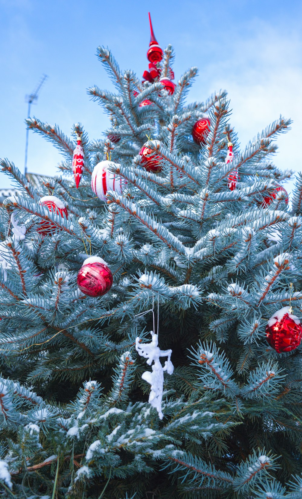 a christmas tree with ornaments hanging from it