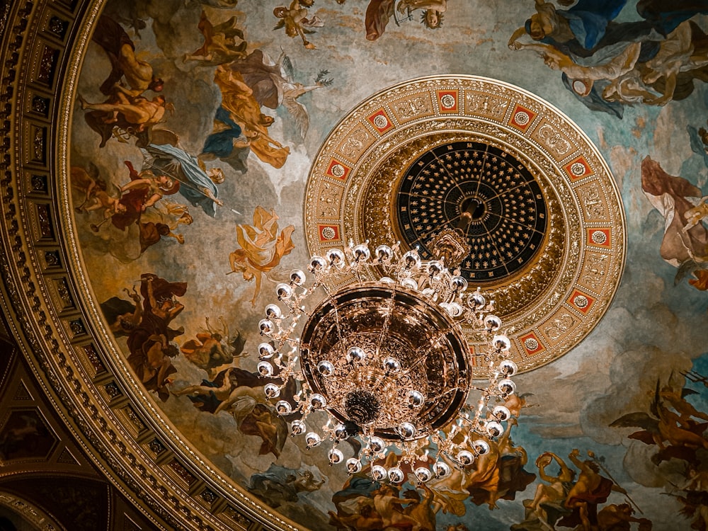 a chandelier hanging from the ceiling of a building