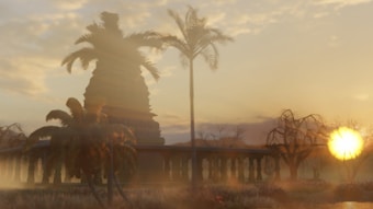 A serene landscape with a prominent silhouette of a temple tower against a glowing sunset. The scene includes palm trees and other vegetation framing the ancient architecture. The atmosphere is tranquil with a misty haze, enhancing the golden tones of the setting sun.