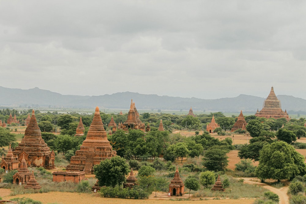 a large group of pagodas in a field