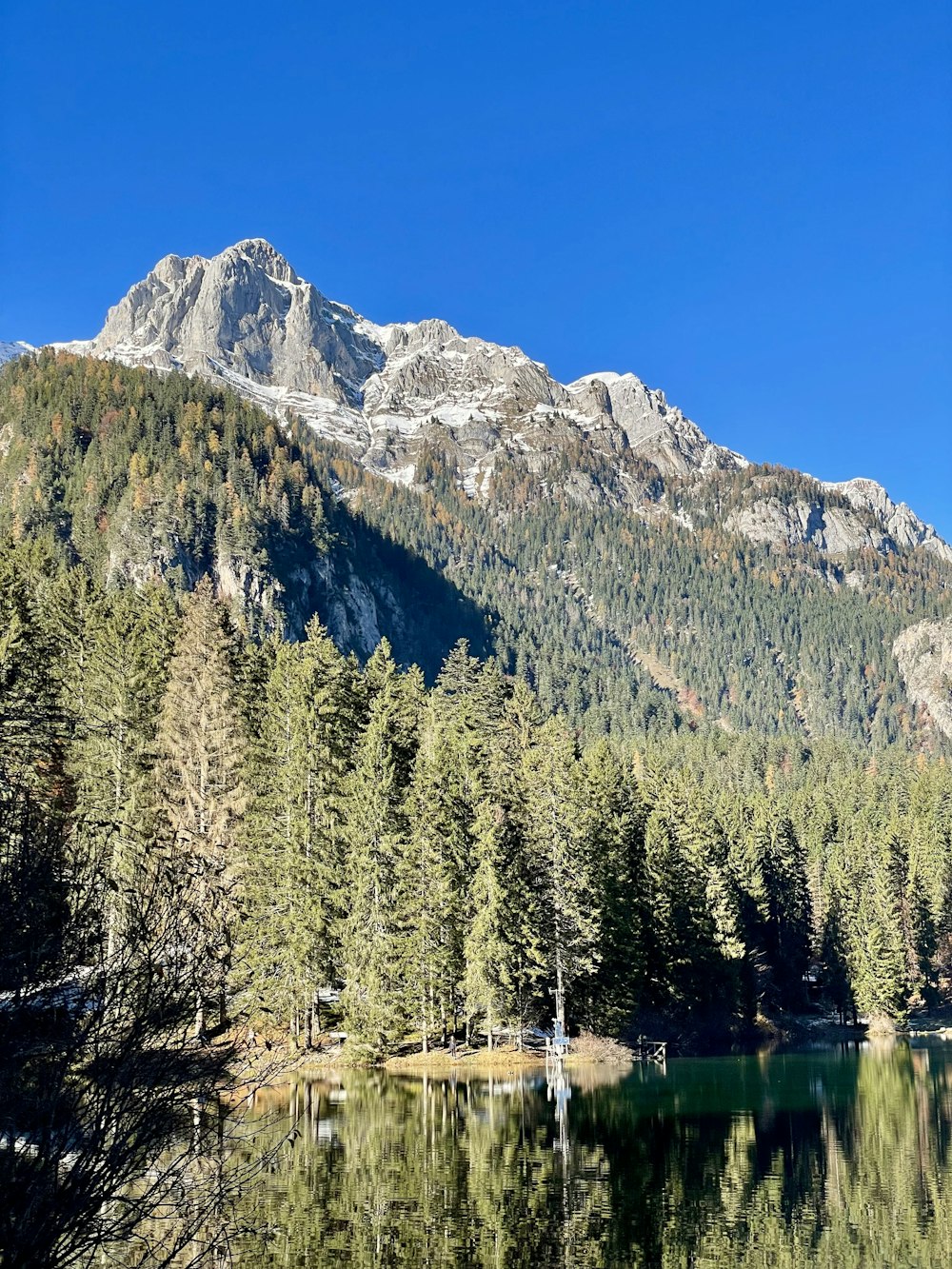 a lake surrounded by trees with a mountain in the background