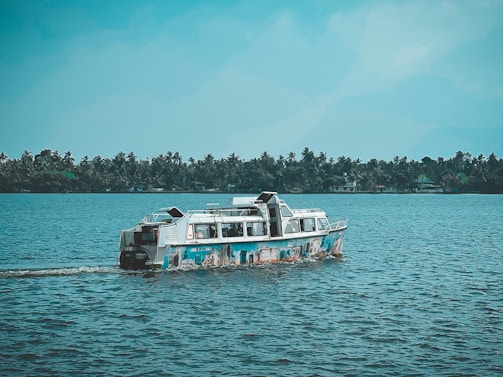 A boat with colorful decorations is moving through a large body of water. In the background, there is a shoreline lined with palm trees and a few structures visible amongst the greenery. The sky is clear with a slight turquoise tint, contributing to a serene atmosphere.