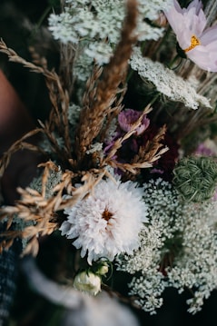 A bouquet of wildflowers, featuring a prominent white chrysanthemum surrounded by delicate Queen Anne's lace, pink cosmos, and a variety of dried grasses. The composition has a natural, rustic feel with a mix of textures and soft, muted colors.