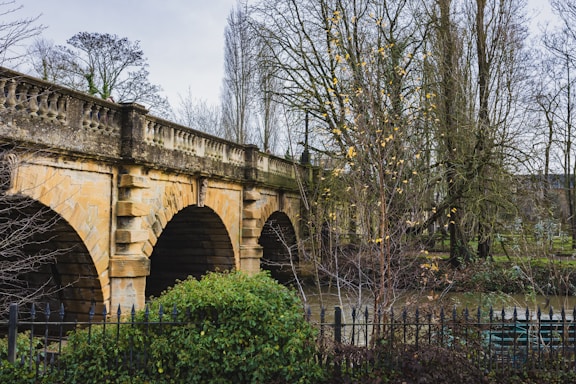 a stone bridge over a river with trees in the background