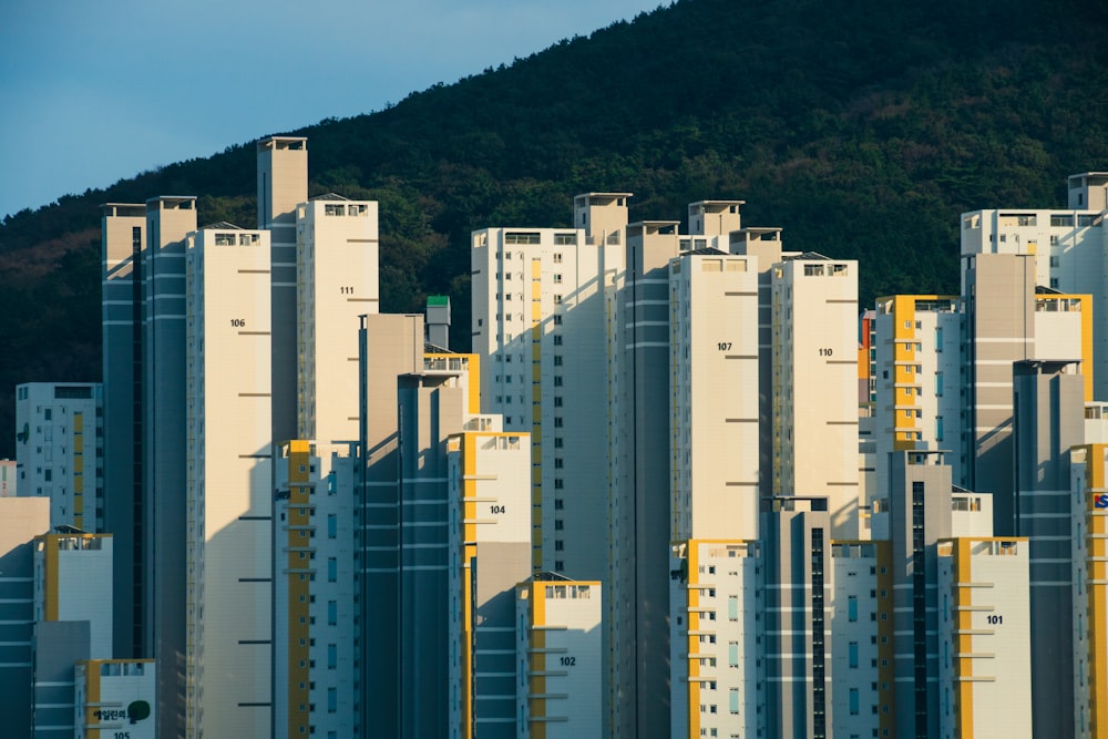 a group of tall buildings with a mountain in the background