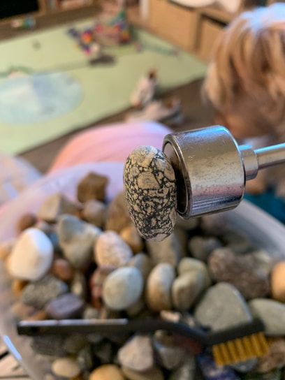 A collection of variously colored and textured small stones are placed in a container. In the foreground, a unique stone with intricate patterns is held by a clamp-like tool. The stone is gray with white markings, resembling a natural design. In the background, there is a blurry interior scene including what appears to be toys and possibly a dog.