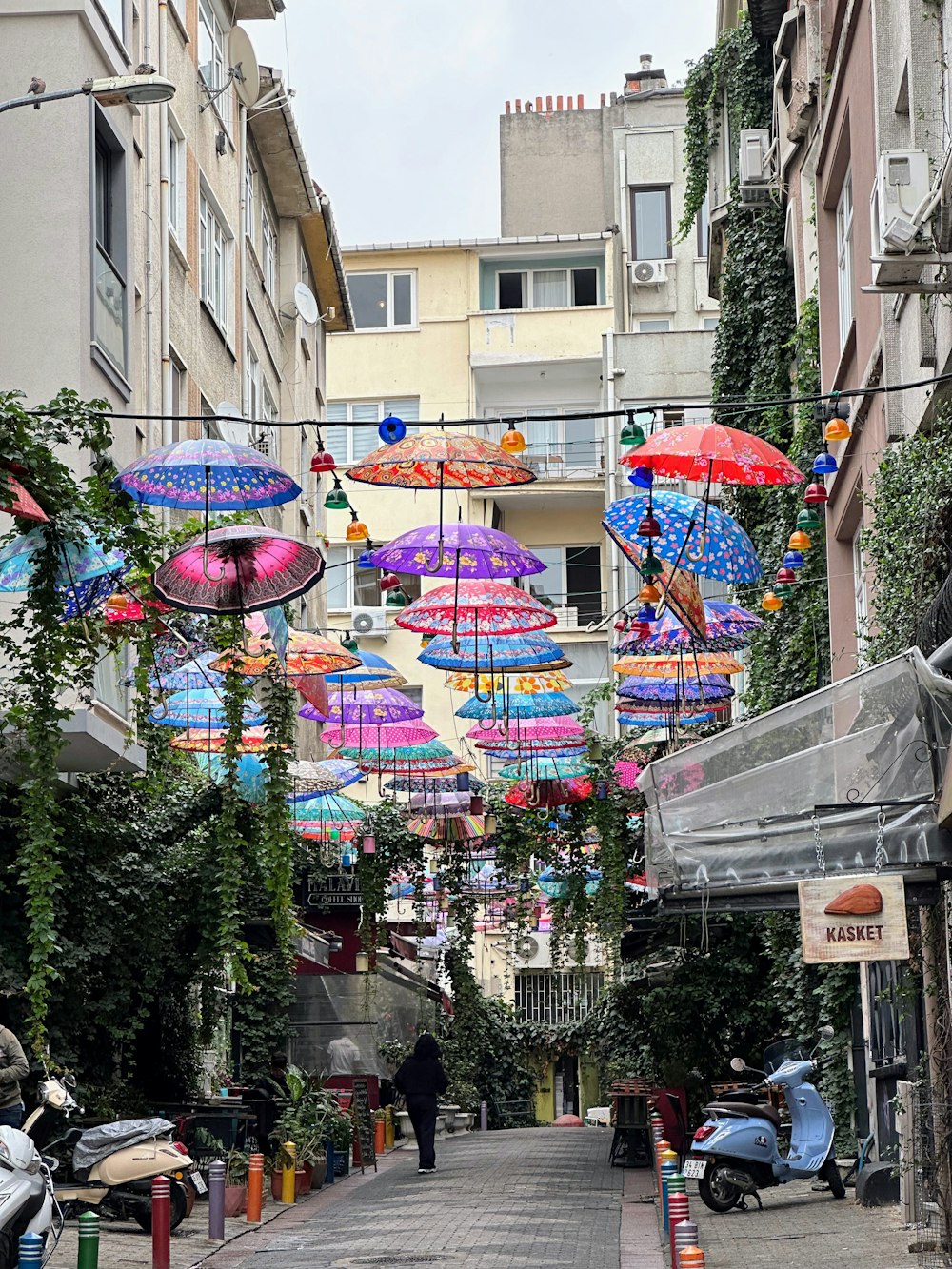 a city street filled with lots of colorful umbrellas
