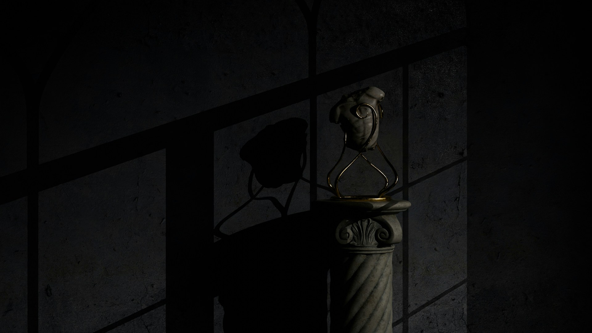 a dark room with a statue and a window