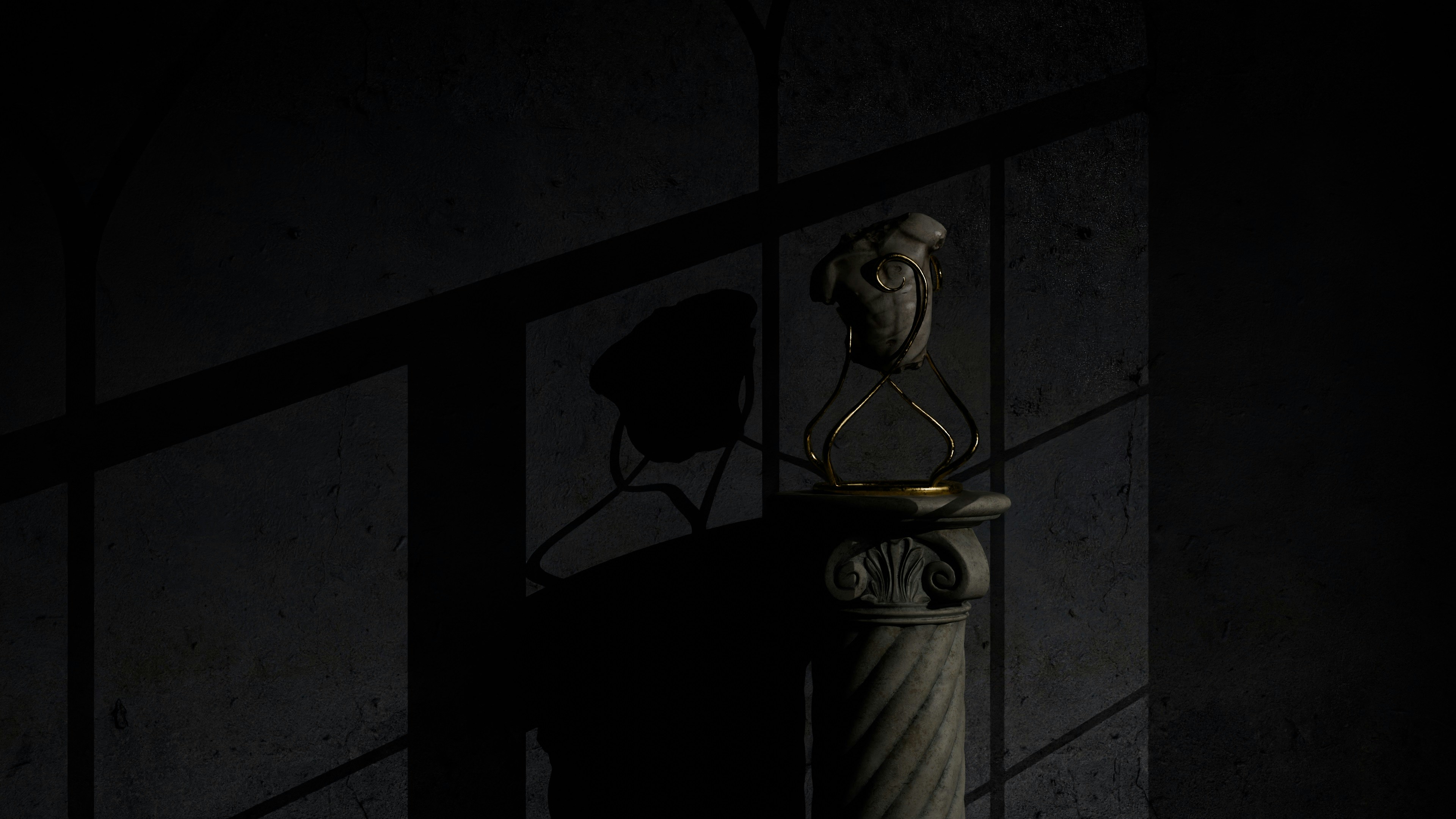 3d rendering done in blender of a bust of a man's chest wrapped in gold on a gloomy night in a gothic dark academia witchy library gallery