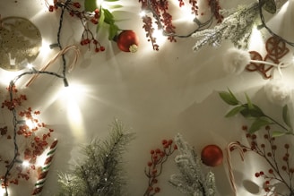 Christmas-themed decorations including sprigs of artificial pine, clusters of red berries, candy canes, baubles, and string lights are arranged around the perimeter of the image, creating a festive border on a blank background.