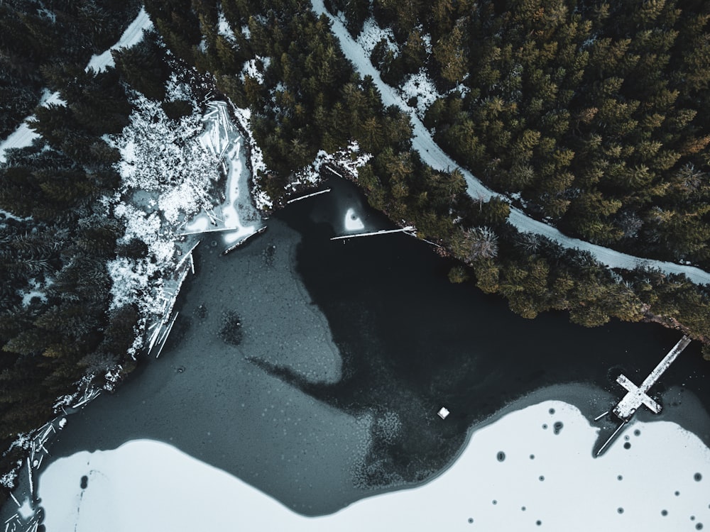 an aerial view of a lake surrounded by trees