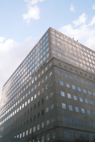Sunlight reflecting off crystal-clear office windows with a clean, modern building facade.