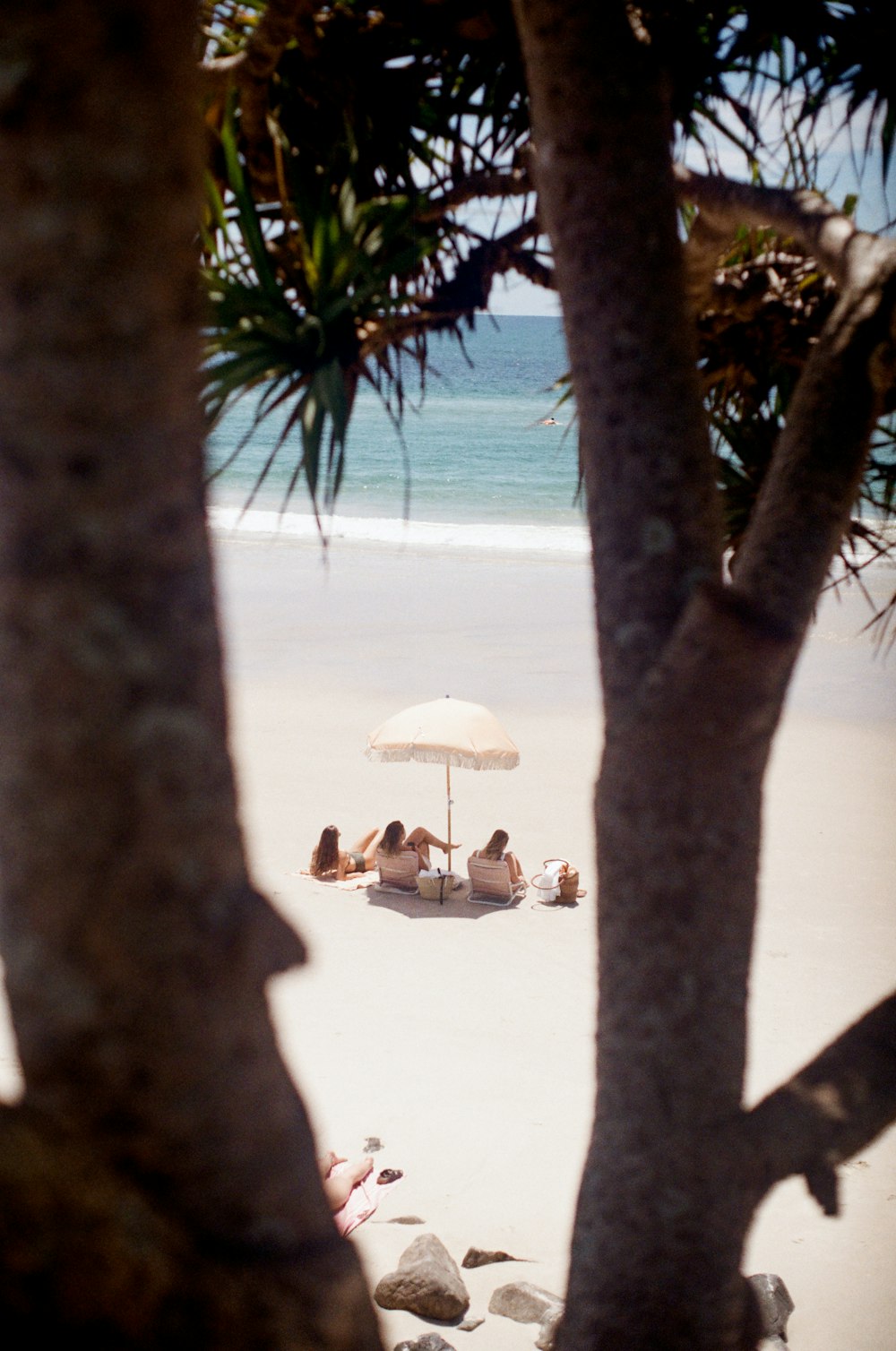 a group of people sitting under an umbrella on a beach