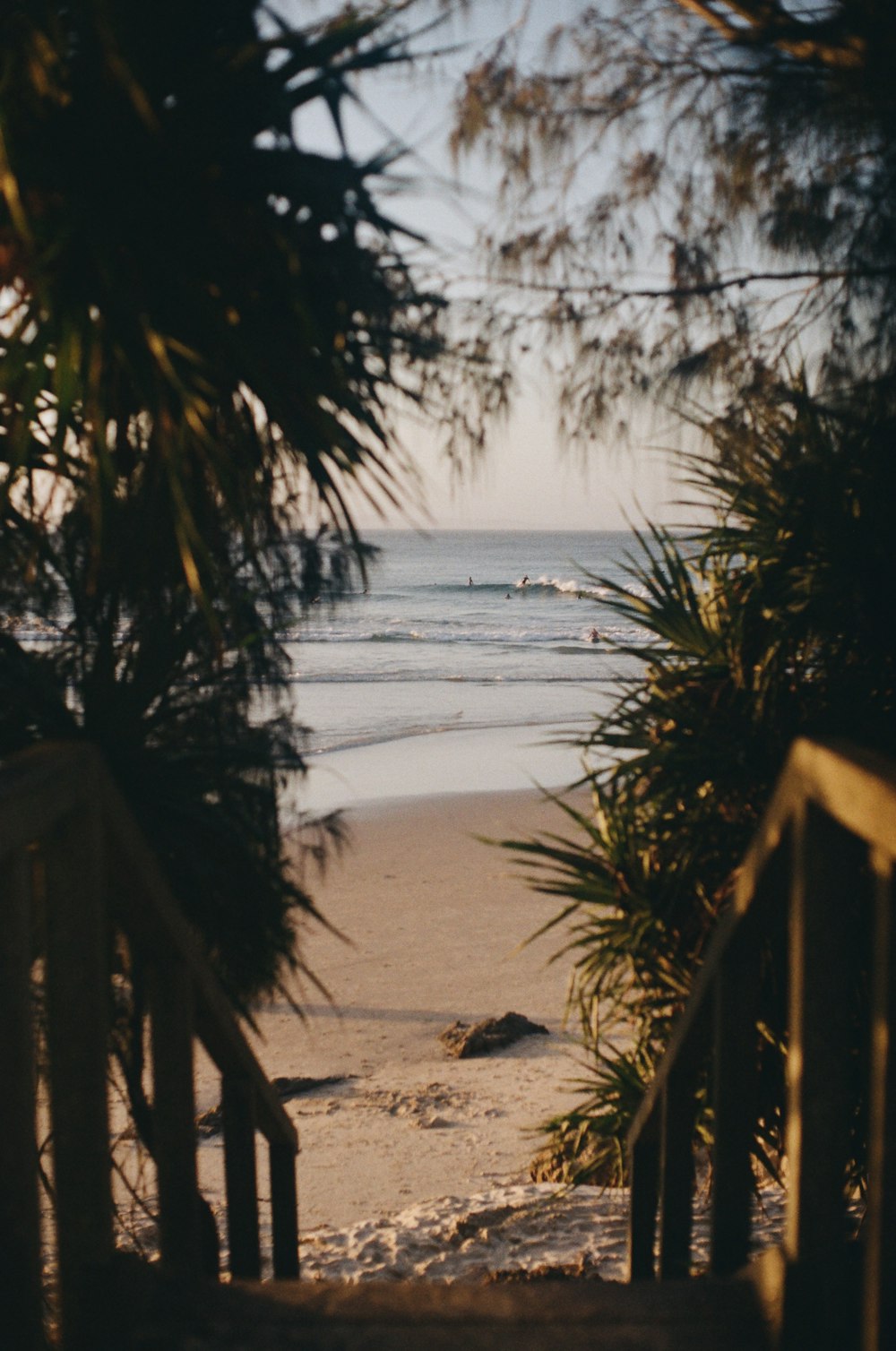 a view of a beach through a gate