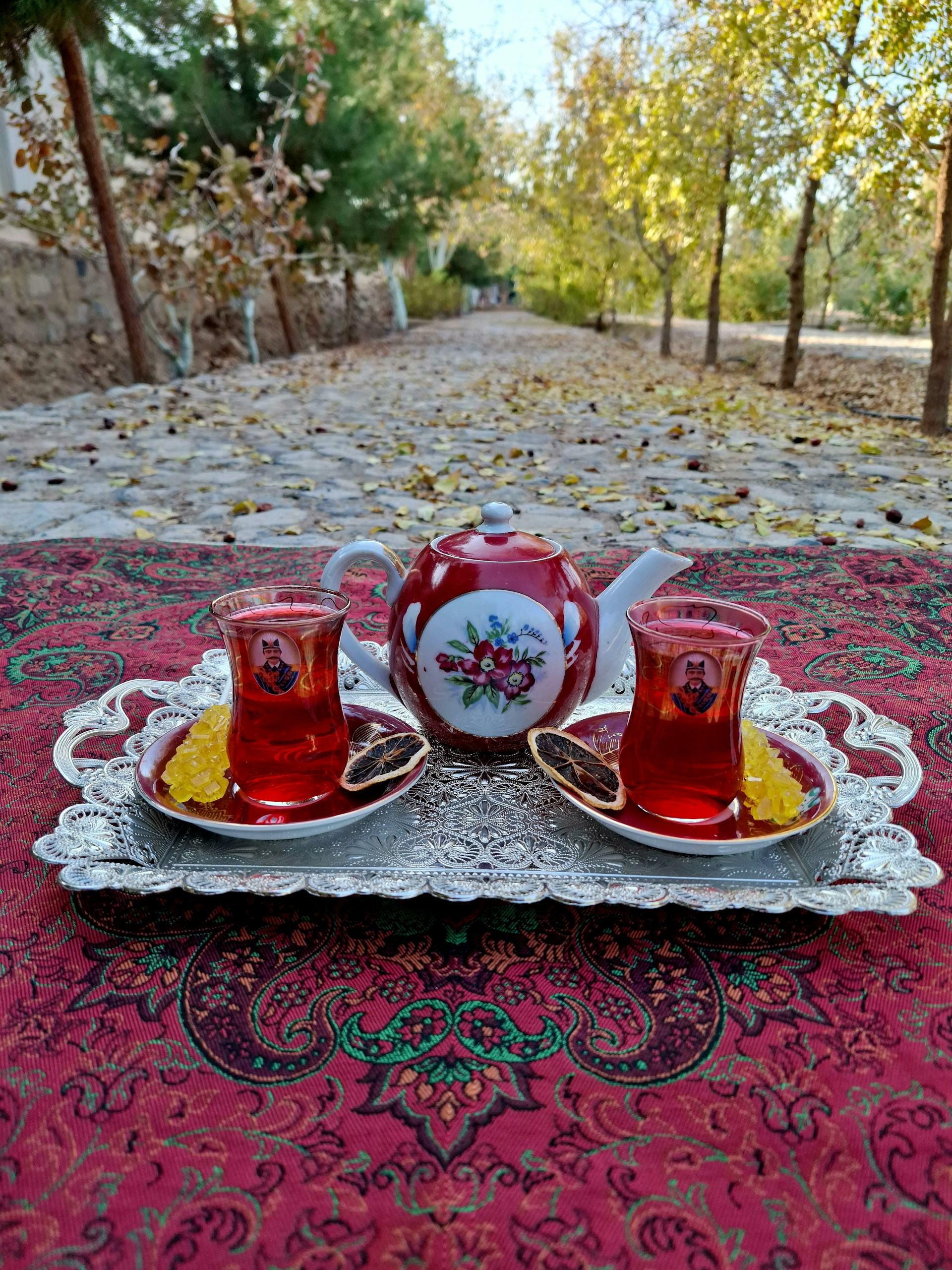 A richly decorated red teapot and two matching glass cups filled with tea sit on a vintage silver tray. The tray rests on a patterned tablecloth with intricate designs. Slices of dried citrus and sugar sticks accompany the cups. In the background, a tree-lined path with autumn leaves scattered along the ground adds a rustic charm.