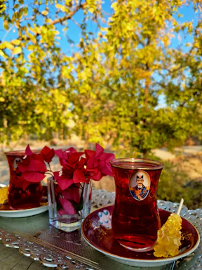 A vibrant assortment of teas served in clear glass cups with fresh ingredients around.