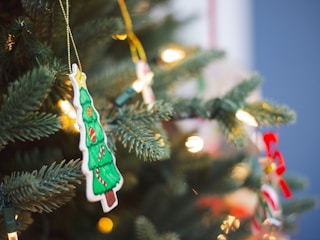 A close-up of a Christmas tree adorned with colorful ornaments and decorative lights. A handcrafted ornament shaped like a Christmas tree with green coloring and red and white patterns is prominently displayed among the pine needles. Soft glowing lights add a warm ambiance to the scene.