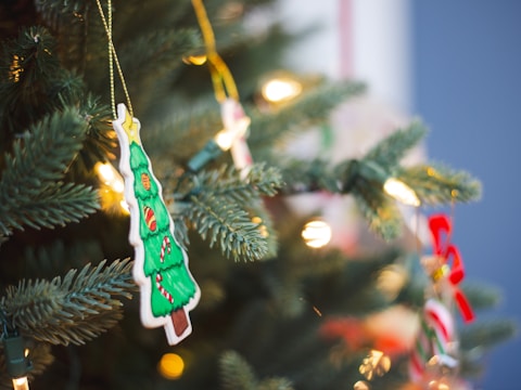 A close-up of a Christmas tree adorned with colorful ornaments and decorative lights. A handcrafted ornament shaped like a Christmas tree with green coloring and red and white patterns is prominently displayed among the pine needles. Soft glowing lights add a warm ambiance to the scene.