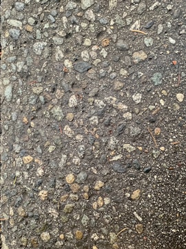 A close-up view of a textured asphalt surface, with various small and medium-sized stones embedded within it. The surface appears slightly wet, enhancing the contrast and making the stones stand out. Some small twigs are also visible on the surface.