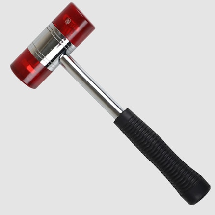 A rubber mallet with a red, cylindrical head mounted on a shiny, metallic shaft. The handle is black and textured for grip.