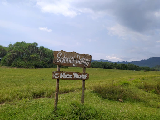 A rustic farm entrance sign with the name 'Natan Feliciani Merizio' under a clear blue sky.