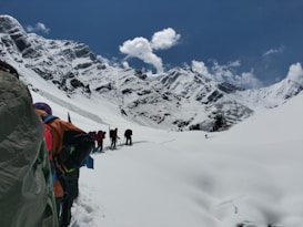 A group of hikers is trekking through a snowy mountainous landscape under a clear blue sky. The snow-covered mountains loom majestically in the background, while the hikers wear colorful gear and carry backpacks. The scene suggests a challenging and adventurous journey through pristine, untouched nature.