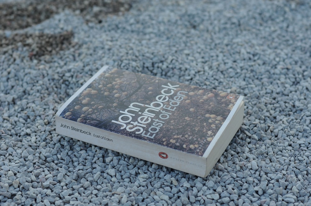 a book sitting on top of a pile of gravel