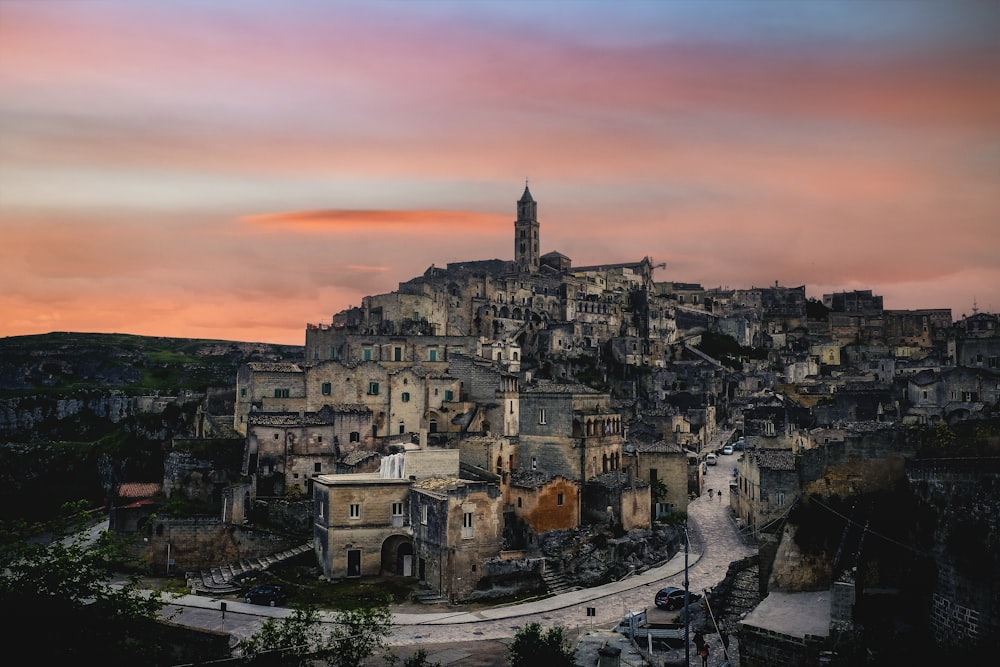 a small village with a clock tower on top of it