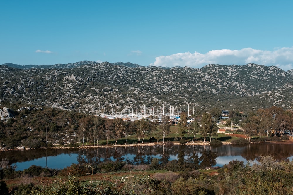 a lake surrounded by trees and mountains in the background