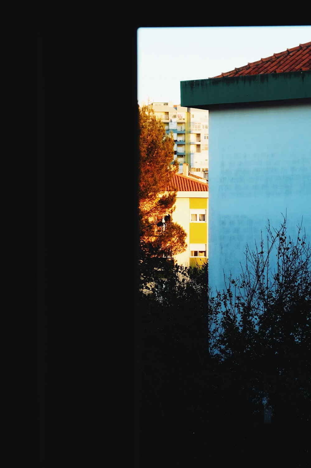 a view of a building through a window