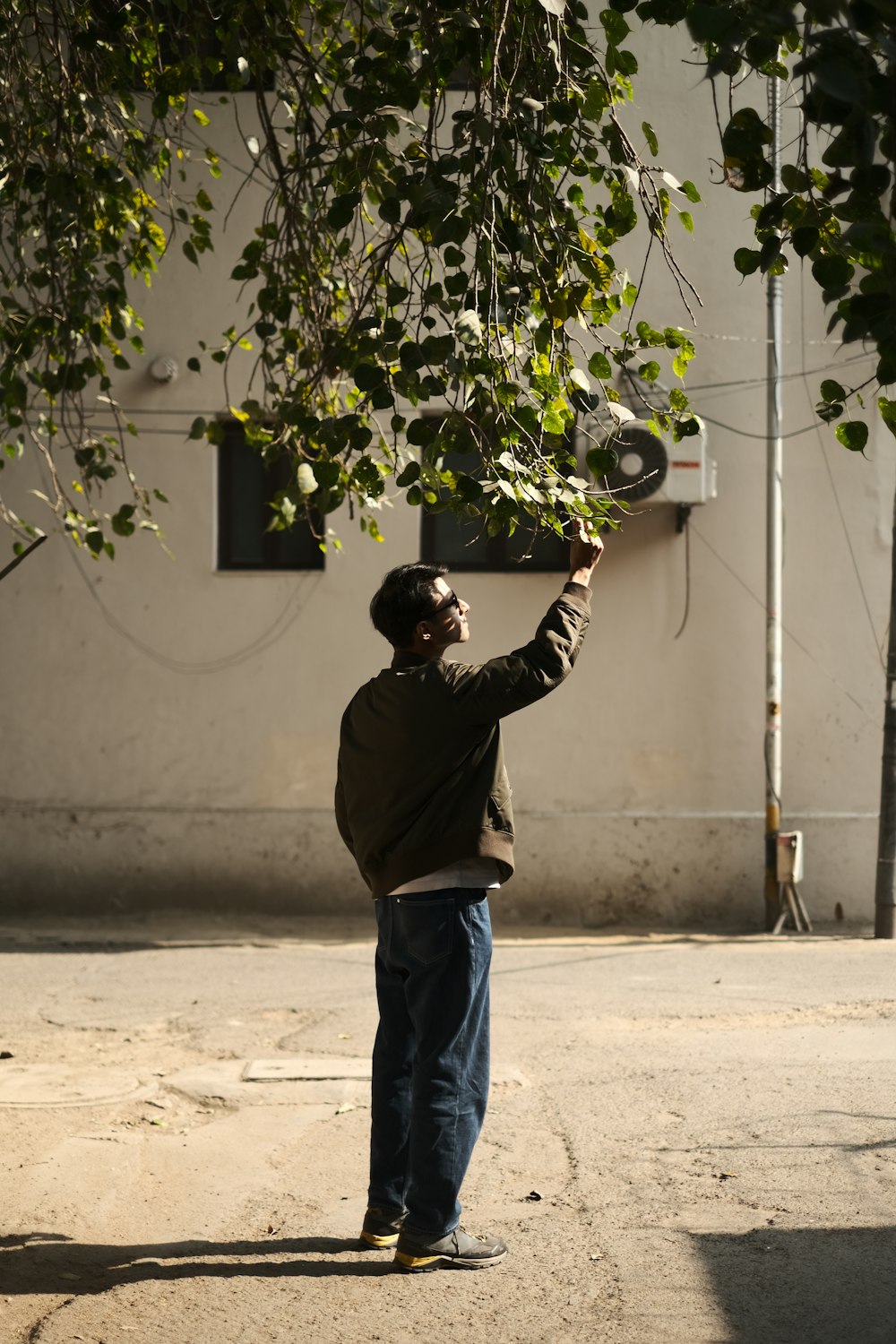 a man holding a frisbee under a tree