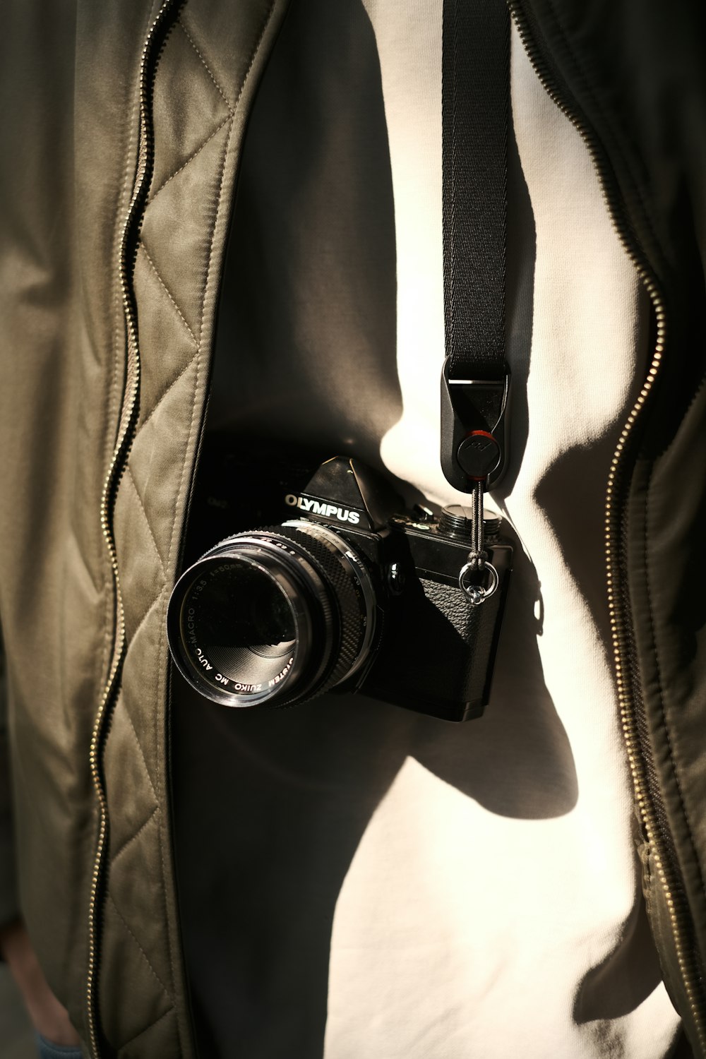 a camera attached to a jacket with a strap