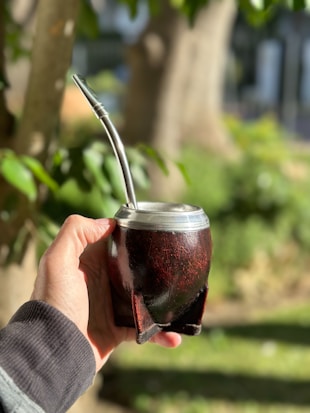 A hand is holding a traditional mate gourd with a metal straw. The background is out of focus, showcasing a natural setting with green foliage and tree trunks. Sunlight creates bright highlights and shadows on the objects.