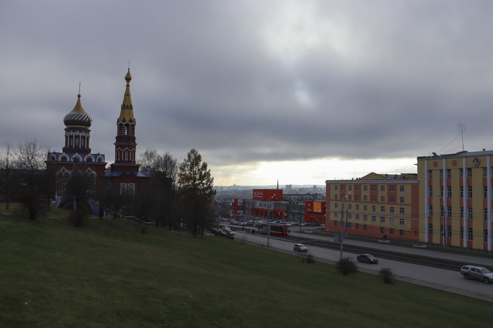 a view of a city with a large clock tower