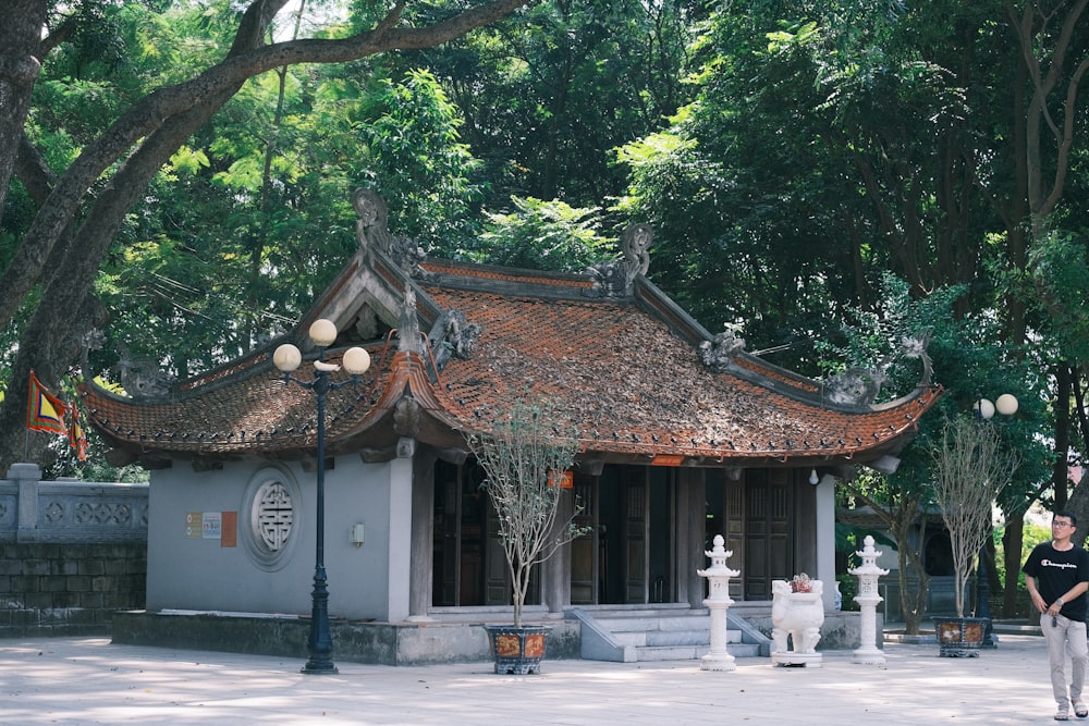 a man standing in front of a small building