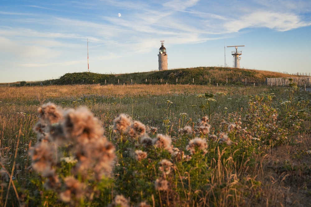 a grassy field with a light house on top of it