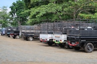 A row of small, flatbed trucks with metal railings parked on a dirt road adjacent to a lush, green forested area.