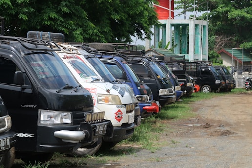 Several parked utility vehicles are lined up on a dirt road next to a grassy area. Different colored vehicles, including black, white, and blue, are visible with various modifications such as roof racks and grille guards. There are trees in the background along with a green structure and other small buildings.