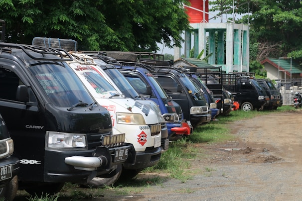 Several parked utility vehicles are lined up on a dirt road next to a grassy area. Different colored vehicles, including black, white, and blue, are visible with various modifications such as roof racks and grille guards. There are trees in the background along with a green structure and other small buildings.