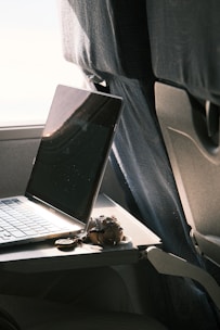 A traveler booking a flight on a laptop.