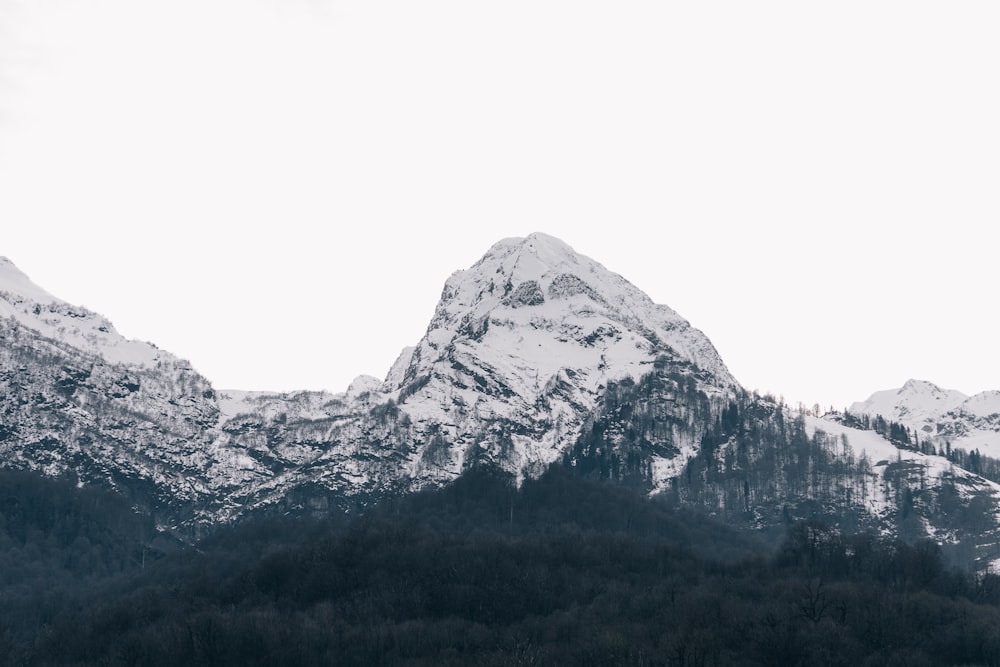 a snow covered mountain range with trees in the foreground