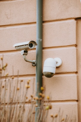 Two surveillance cameras mounted on an exterior wall made of pinkish-beige textured material. One camera is dome-shaped while the other is cylindrical, attached to a vertical metal pole.
