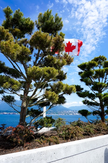 A Canadian flag waves prominently between two lush green trees, with a backdrop of clear blue skies and scattered white clouds. In the background, a body of water extends towards the horizon, with distant mountains and a cityscape visible.