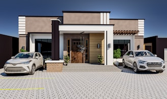 Modern paved driveway with clean geometric patterns in a residential area.
