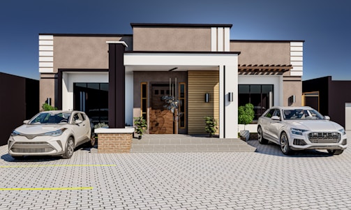 Modern paved driveway with clean geometric patterns in a residential area.
