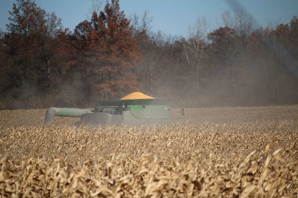 a green and yellow combine in a corn field